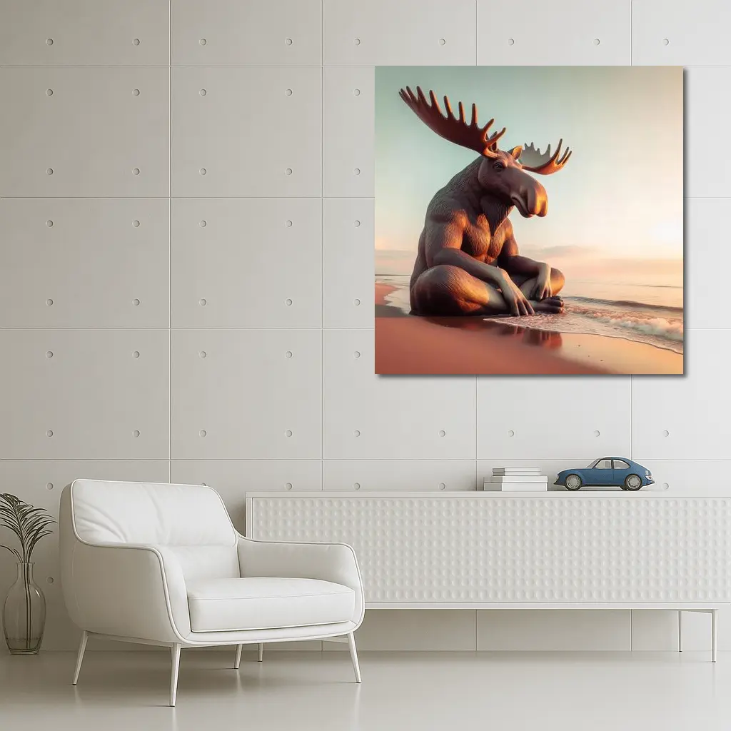 Moose Sitting Cross Legged On Beach – Wall Art