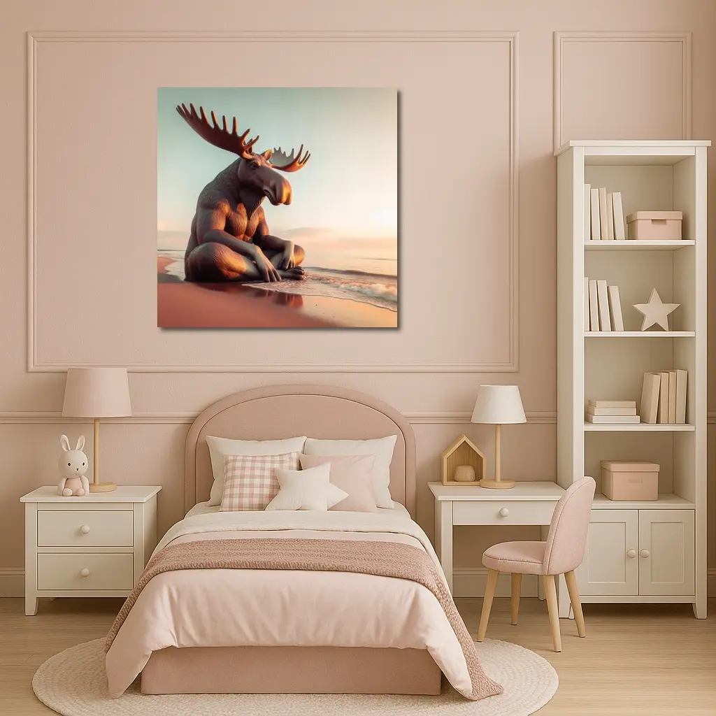 Moose Sitting Cross Legged On Beach – Wall Art