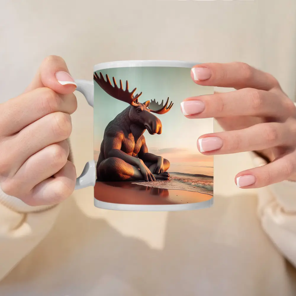 Moose Sitting Cross Legged On Beach – Mugs