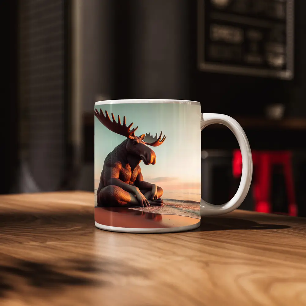Moose Sitting Cross Legged On Beach – Mugs