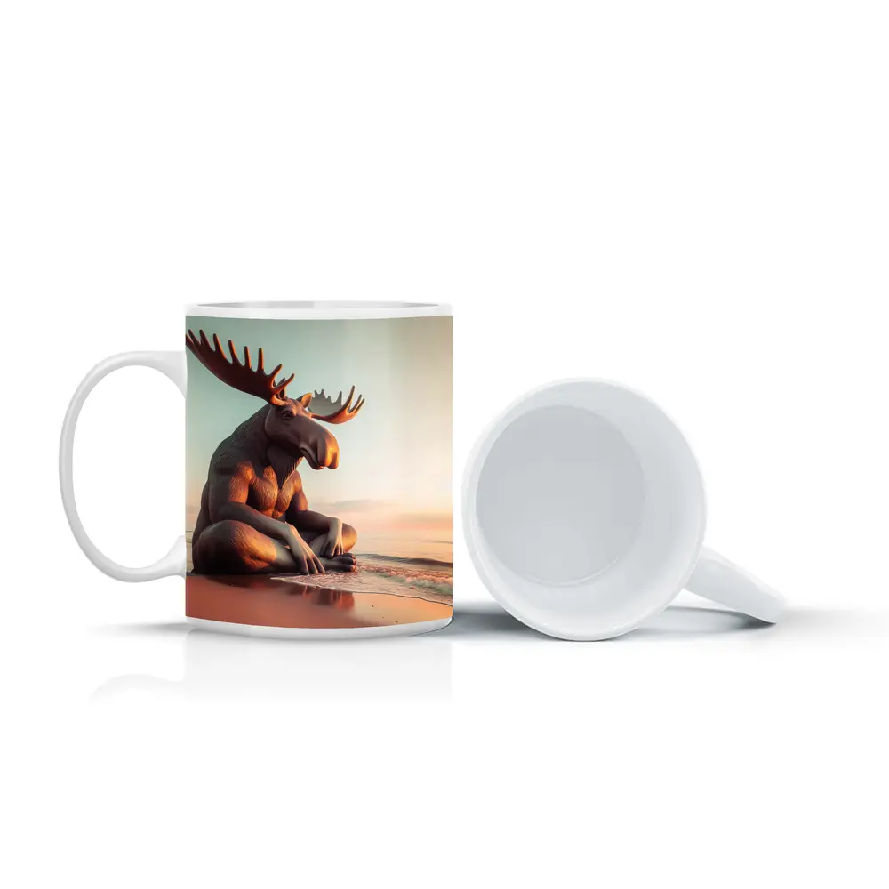 Moose Sitting Cross Legged On Beach – Mugs