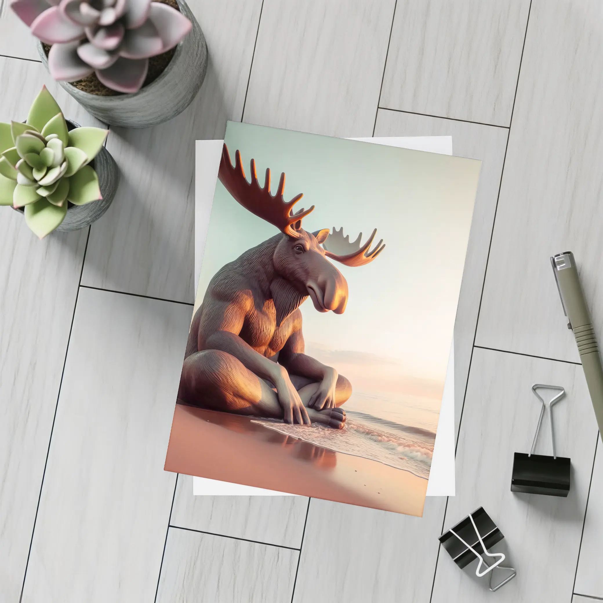 Moose Sitting Cross Legged On Beach – Postcards
