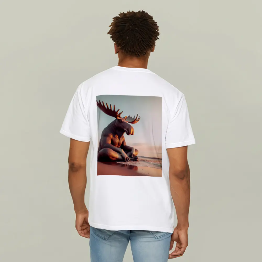 Moose Sitting Cross Legged On Beach – T-Shirts