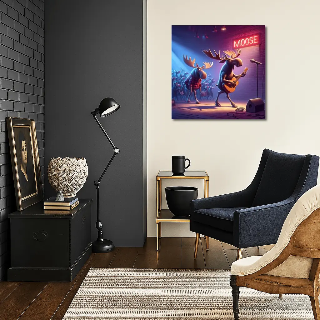 Cartoon Moose Band Playing Guitar On Stage – Wall Art