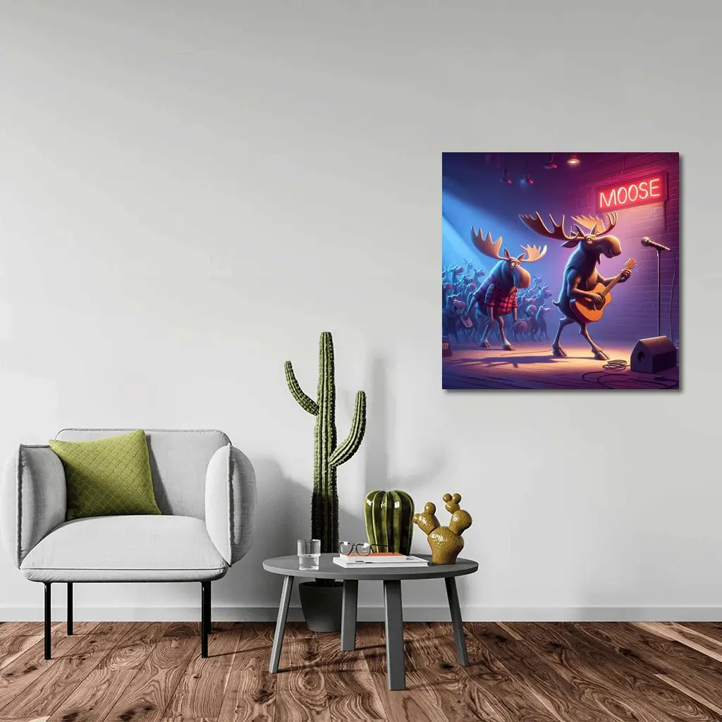 Cartoon Moose Band Playing Guitar On Stage – Wall Art