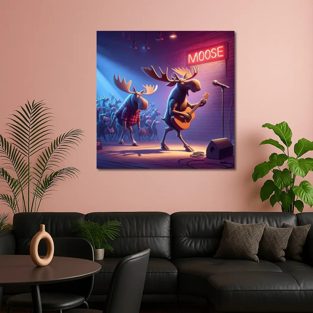 Cartoon Moose Band Playing Guitar On Stage – Wall Art