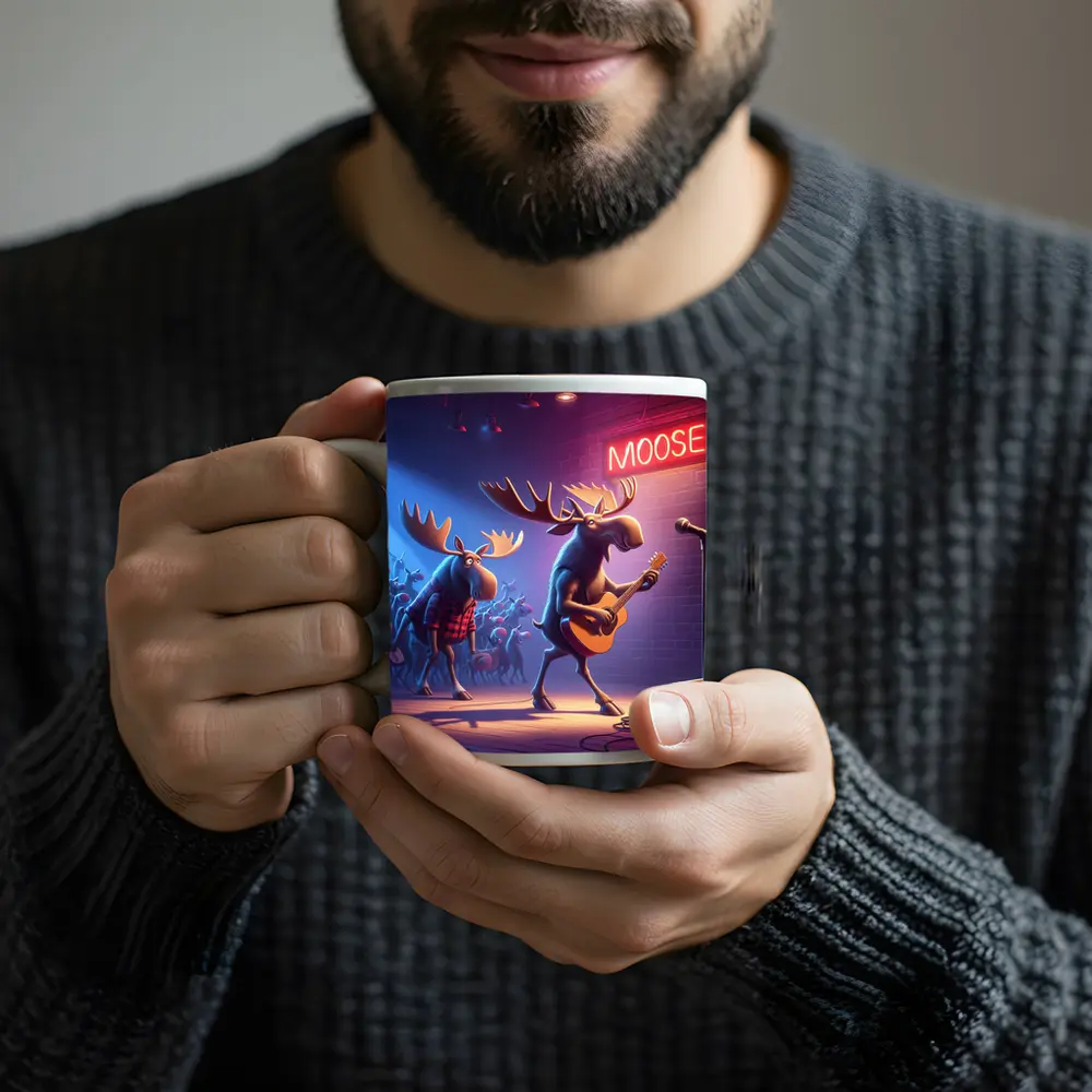 Cartoon Moose Band Playing Guitar On Stage – Mugs