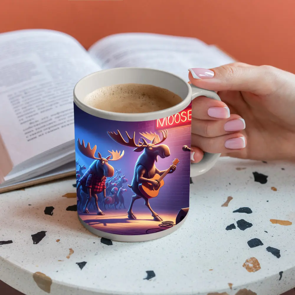 Cartoon Moose Band Playing Guitar On Stage – Mugs
