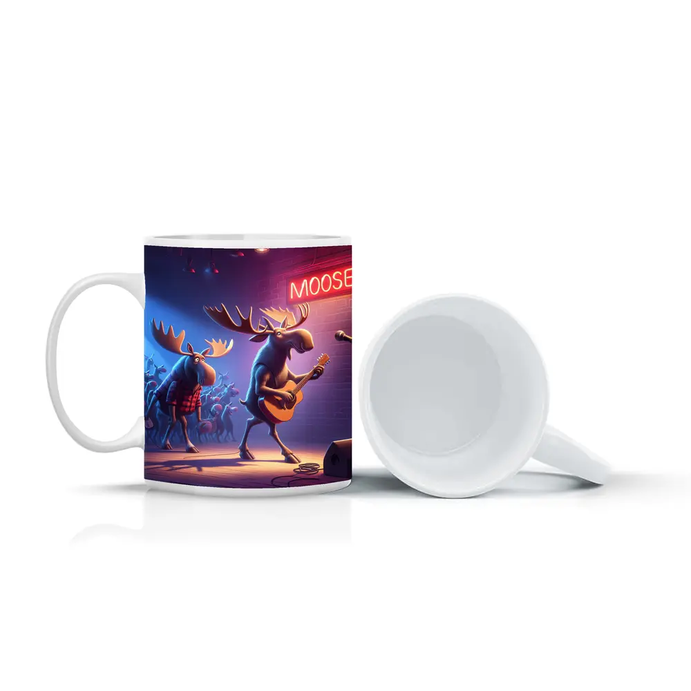 Cartoon Moose Band Playing Guitar On Stage – Mugs