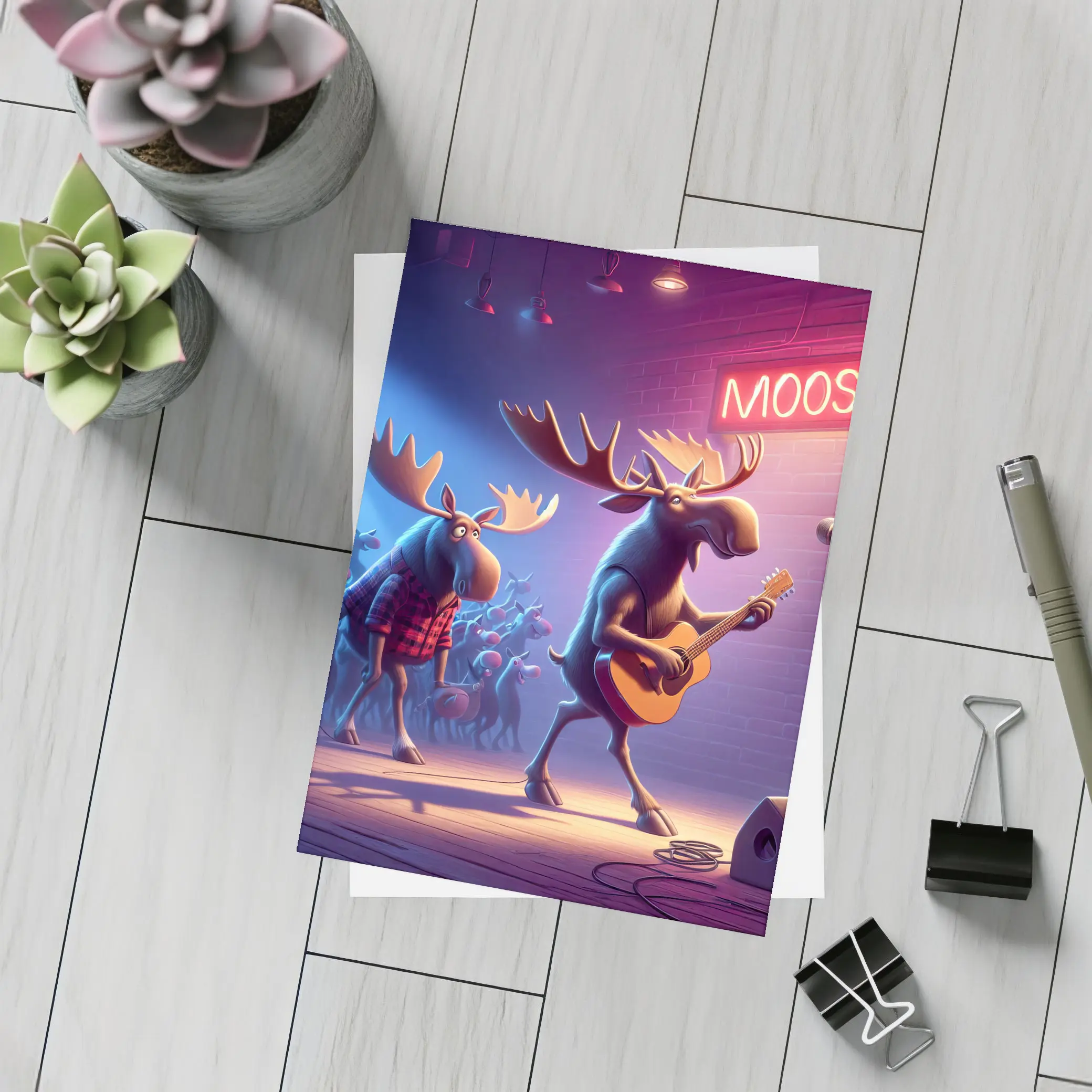 Cartoon Moose Band Playing Guitar On Stage – Postcards