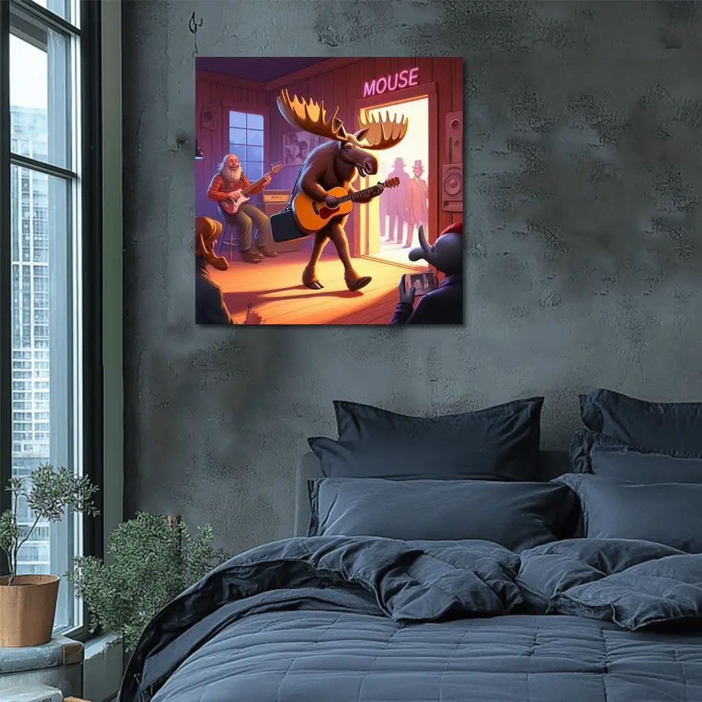 Moose Playing Guitar at Music Bar – Wall Art