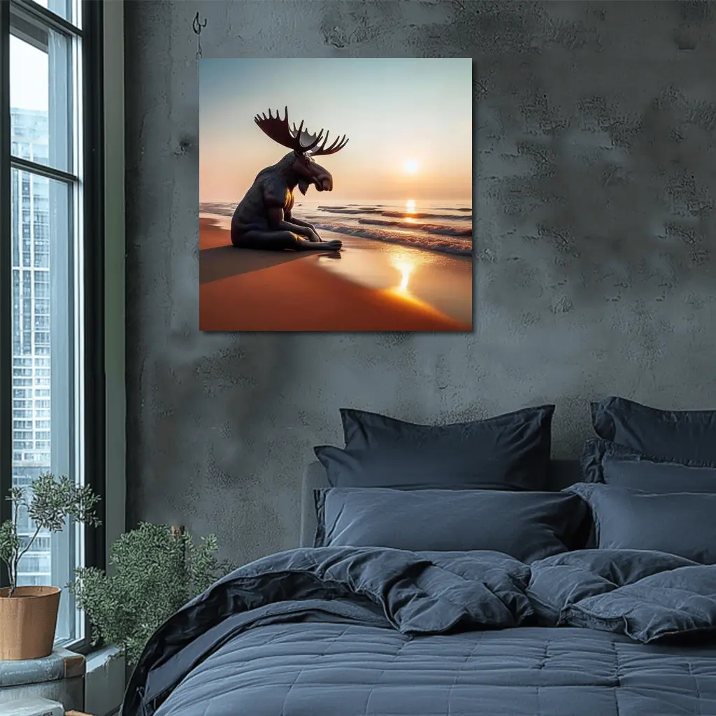 Moose Sitting Alone on Sunset Beach – Wall Art