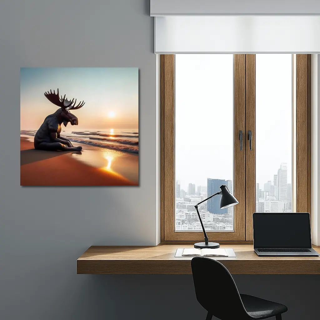Moose Sitting Alone on Sunset Beach – Wall Art