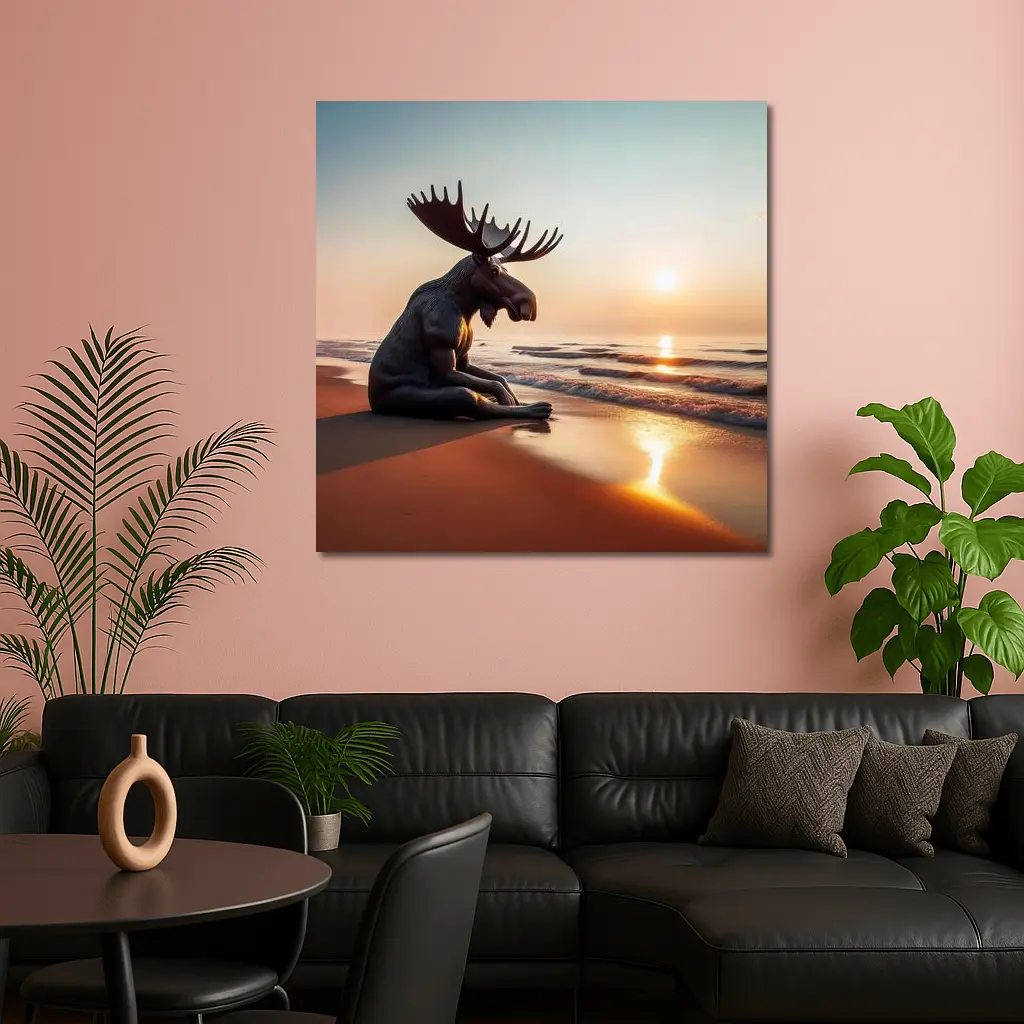 Moose Sitting Alone on Sunset Beach – Wall Art