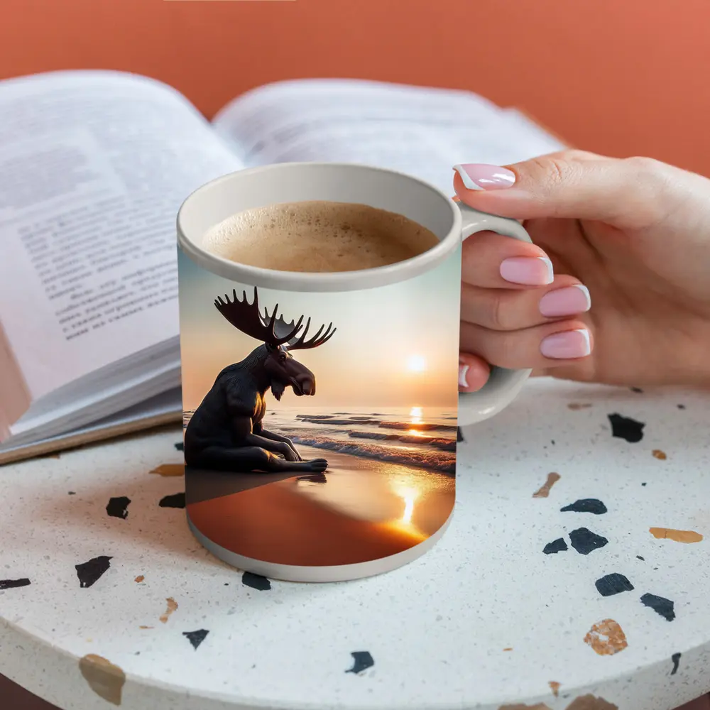 Moose Sitting Alone on Sunset Beach – Mugs