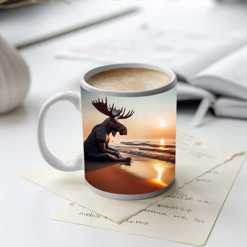 Moose Sitting Alone on Sunset Beach – Mugs