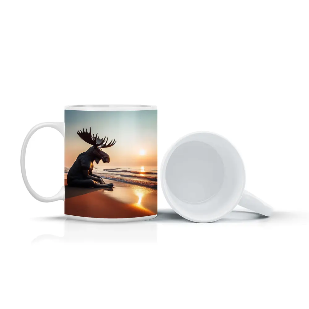 Moose Sitting Alone on Sunset Beach – Mugs