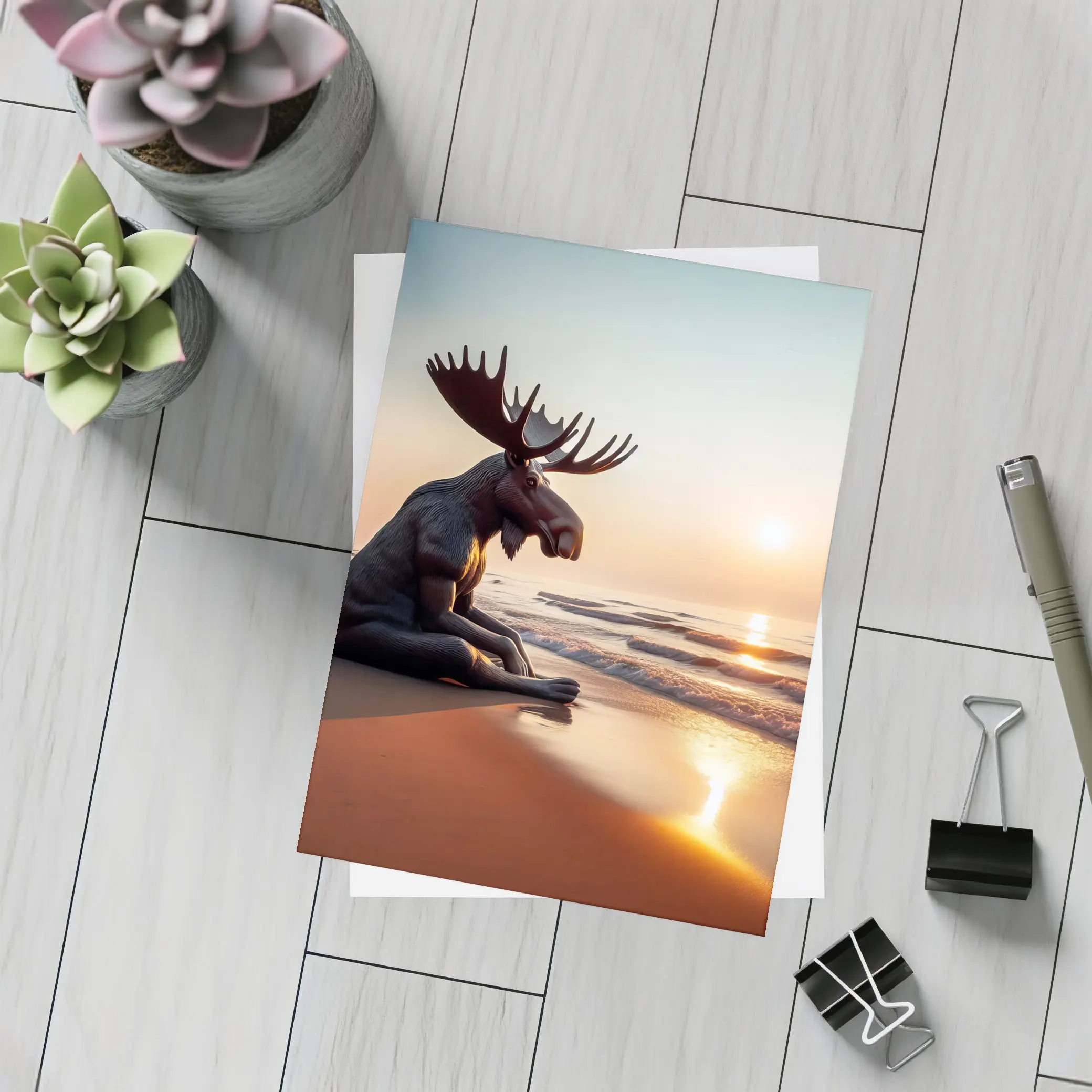 Moose Sitting Alone on Sunset Beach – Postcards
