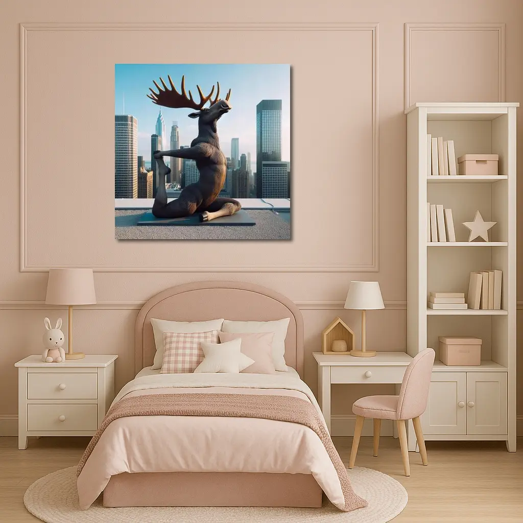 Moose Doing Yoga City Skyline – Wall Art