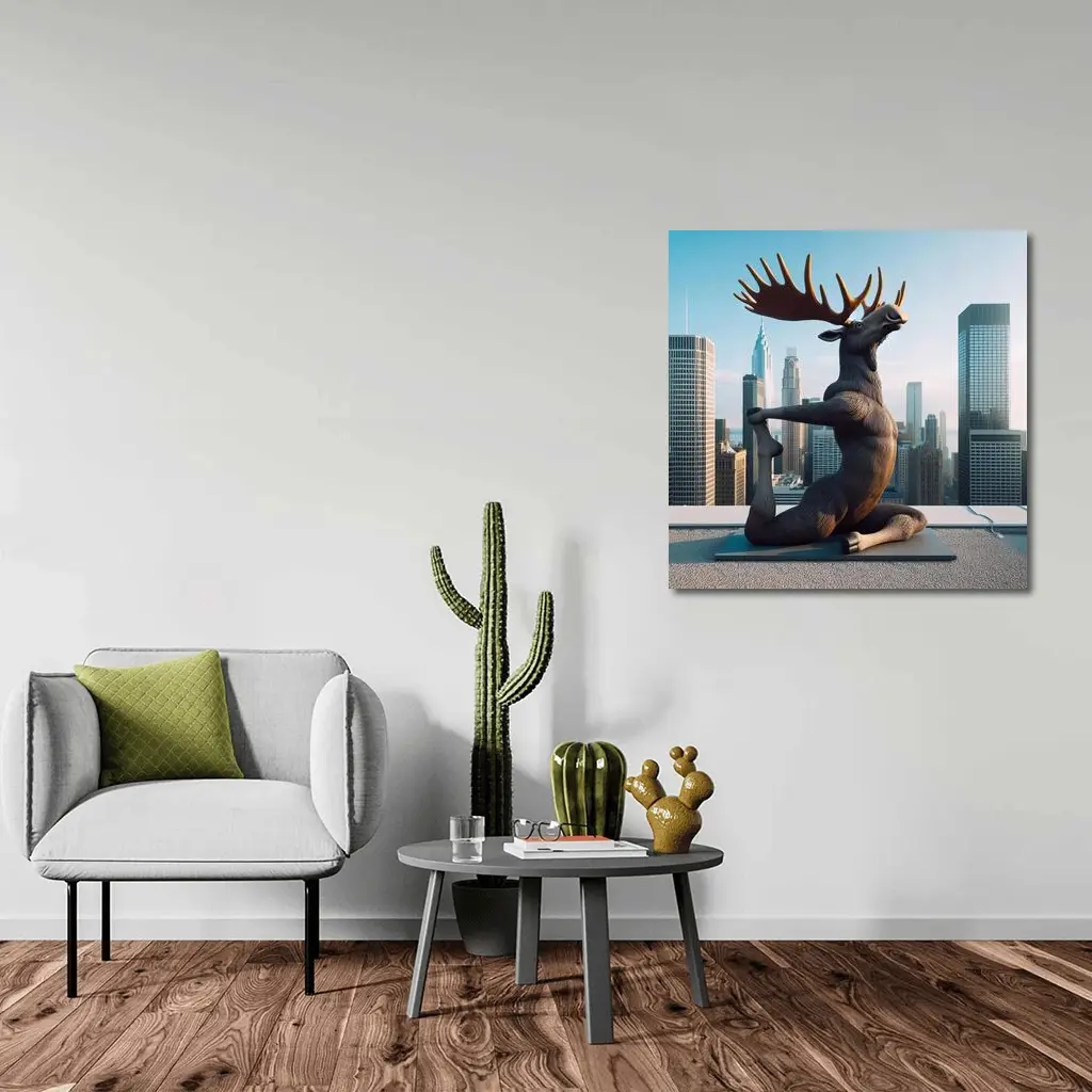 Moose Doing Yoga City Skyline – Wall Art