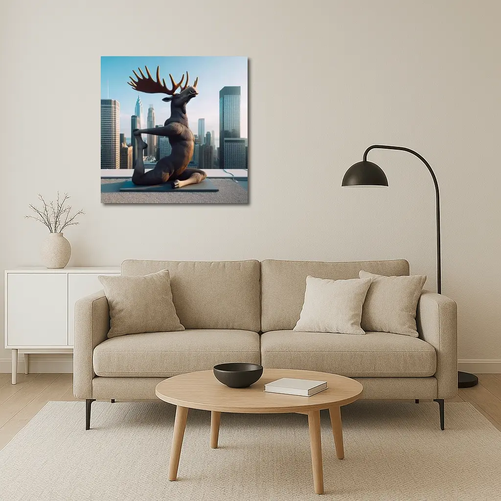 Moose Doing Yoga City Skyline – Wall Art