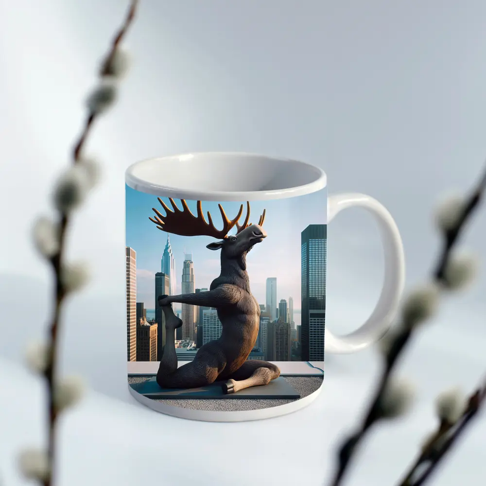 Moose Doing Yoga City Skyline – Mugs