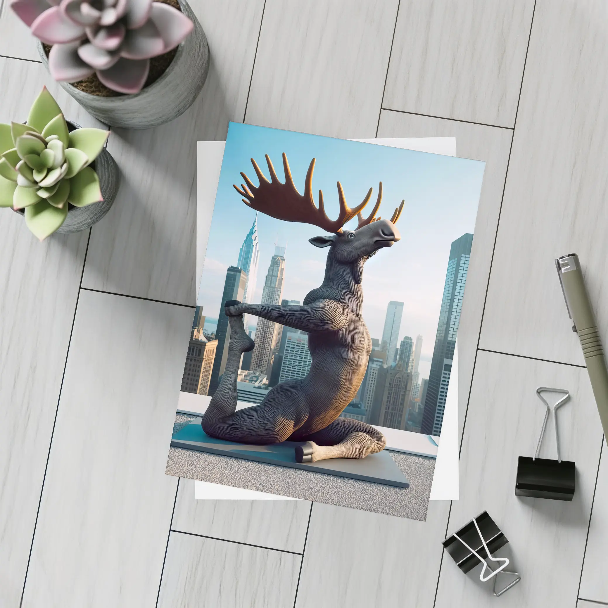 Moose Doing Yoga City Skyline – Postcards