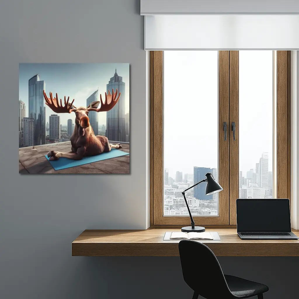 Moose Doing Yoga on City Rooftop – Wall Art