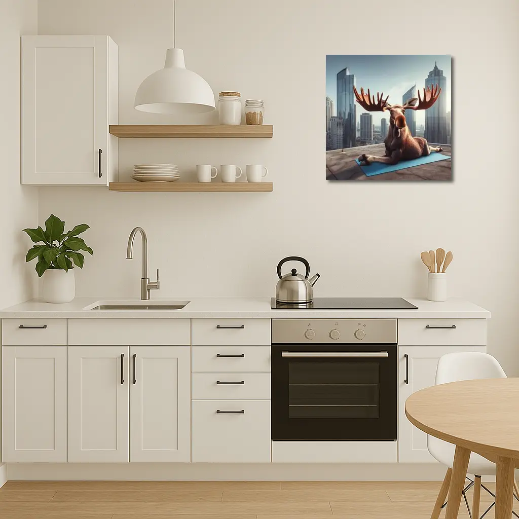 Moose Doing Yoga on City Rooftop – Wall Art