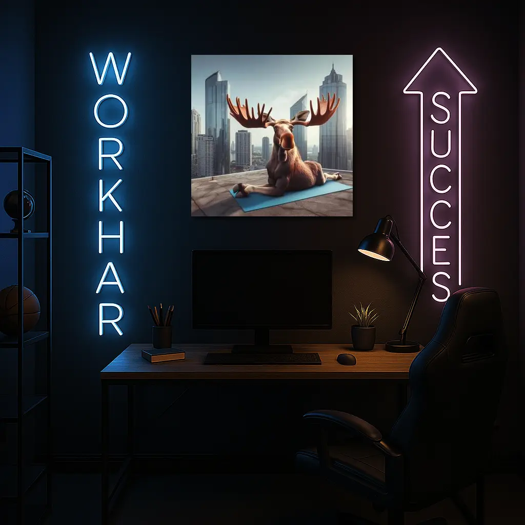Moose Doing Yoga on City Rooftop – Wall Art