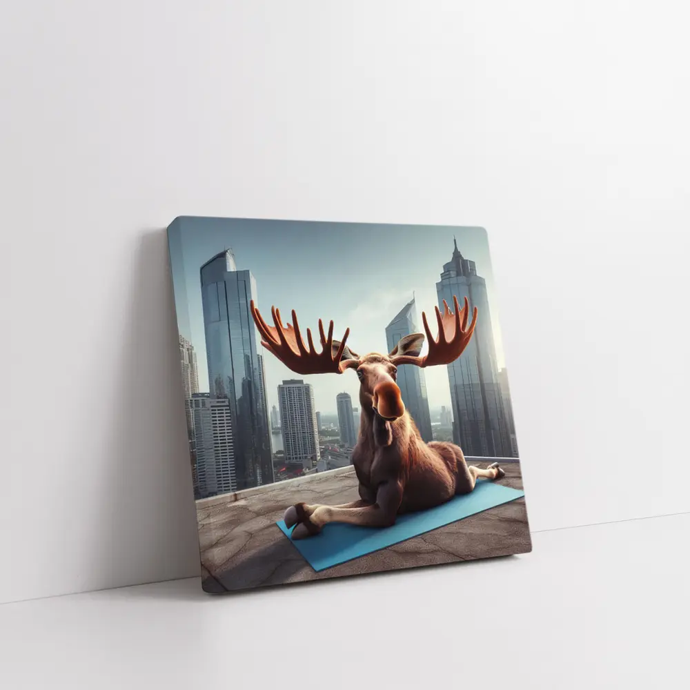 Moose Doing Yoga on City Rooftop – Wall Art