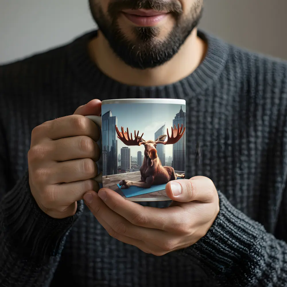 Moose Doing Yoga on City Rooftop – Mugs