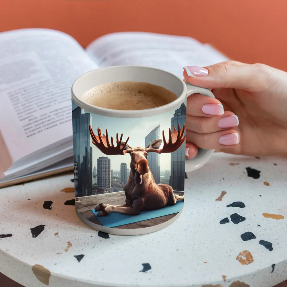 Moose Doing Yoga on City Rooftop – Mugs