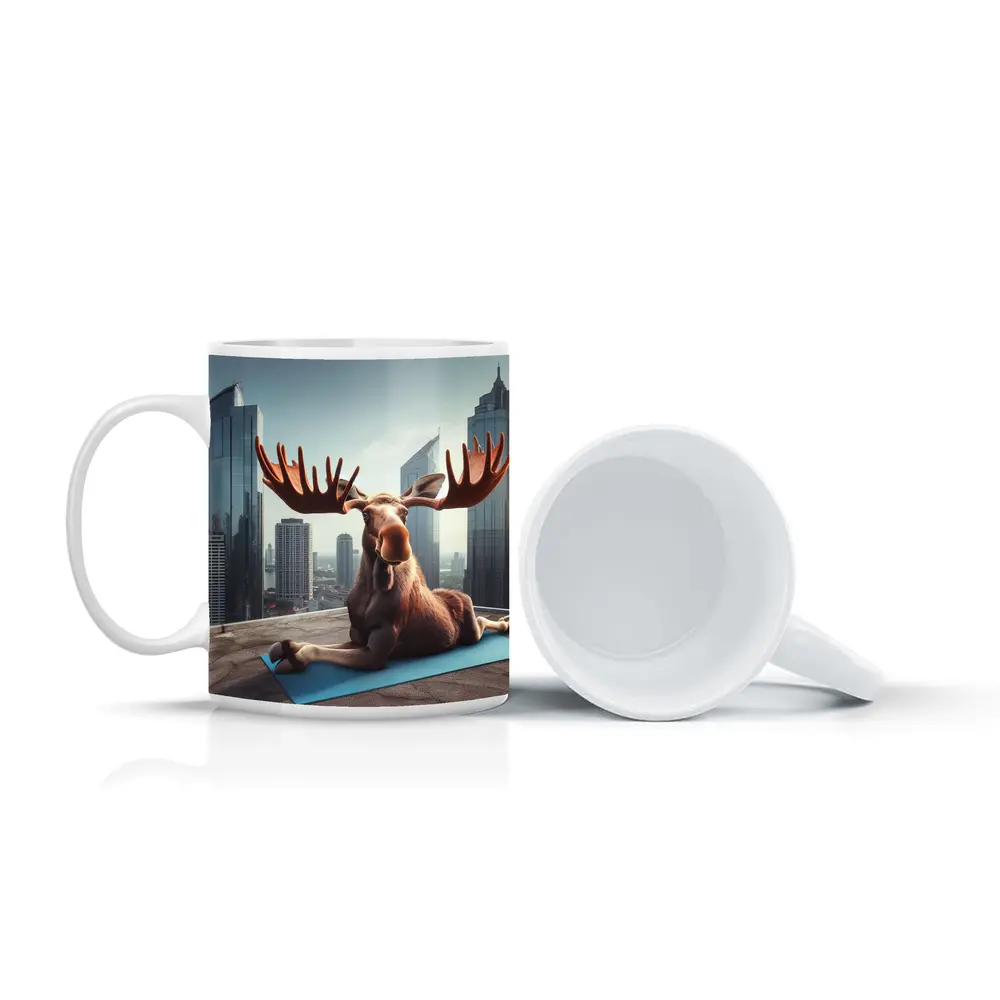 Moose Doing Yoga on City Rooftop – Mugs
