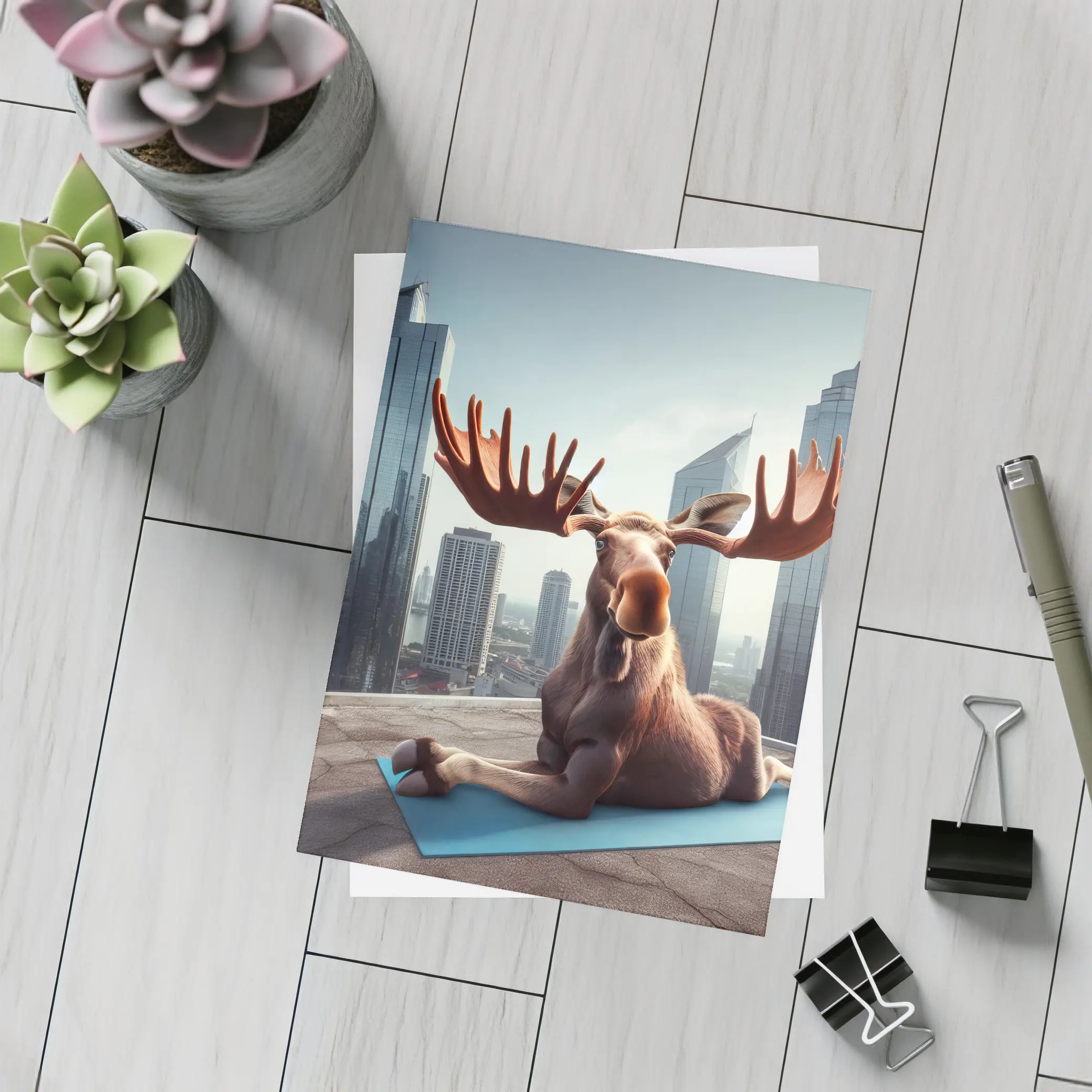 Moose Doing Yoga on City Rooftop – Postcards