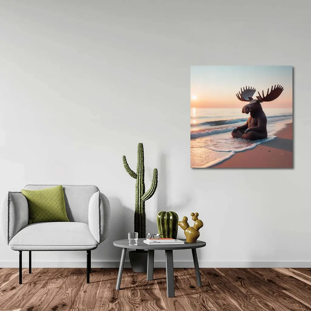 Moose Meditating on Peaceful Sunset Beach – Wall Art