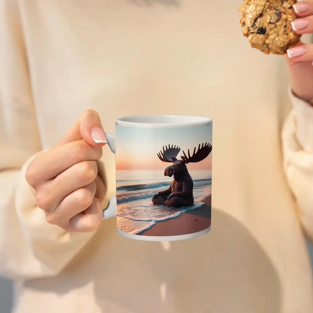 Moose Meditating on Peaceful Sunset Beach – Mugs
