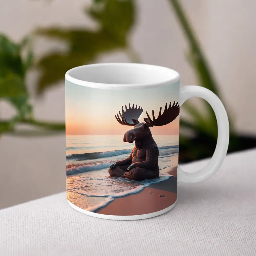 Moose Meditating on Peaceful Sunset Beach – Mugs