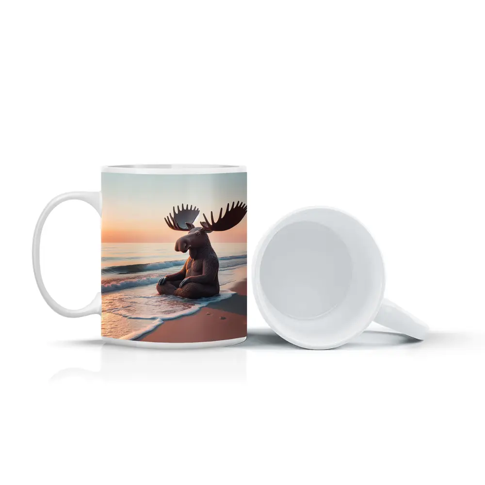 Moose Meditating on Peaceful Sunset Beach – Mugs