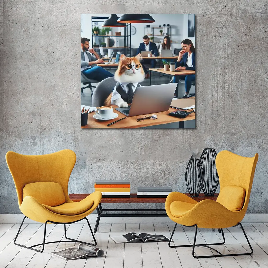 Office Cat Wearing Suit Working Laptop – Wall Art