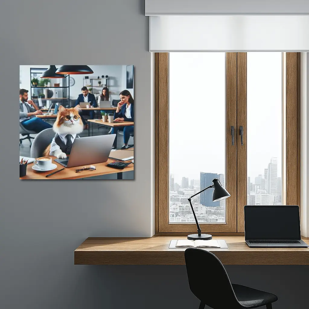 Office Cat Wearing Suit Working Laptop – Wall Art