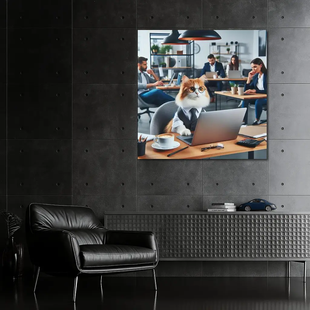 Office Cat Wearing Suit Working Laptop – Wall Art