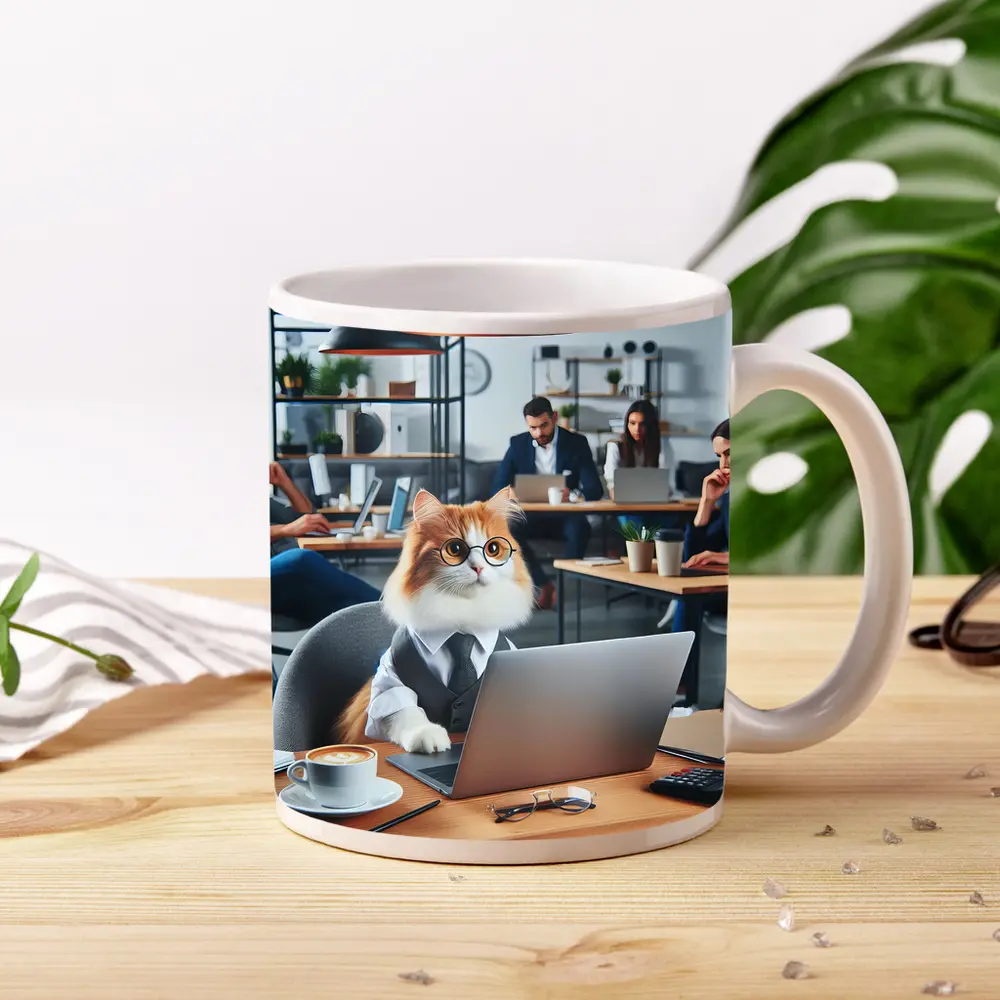 Office Cat Wearing Suit Working Laptop – Mugs