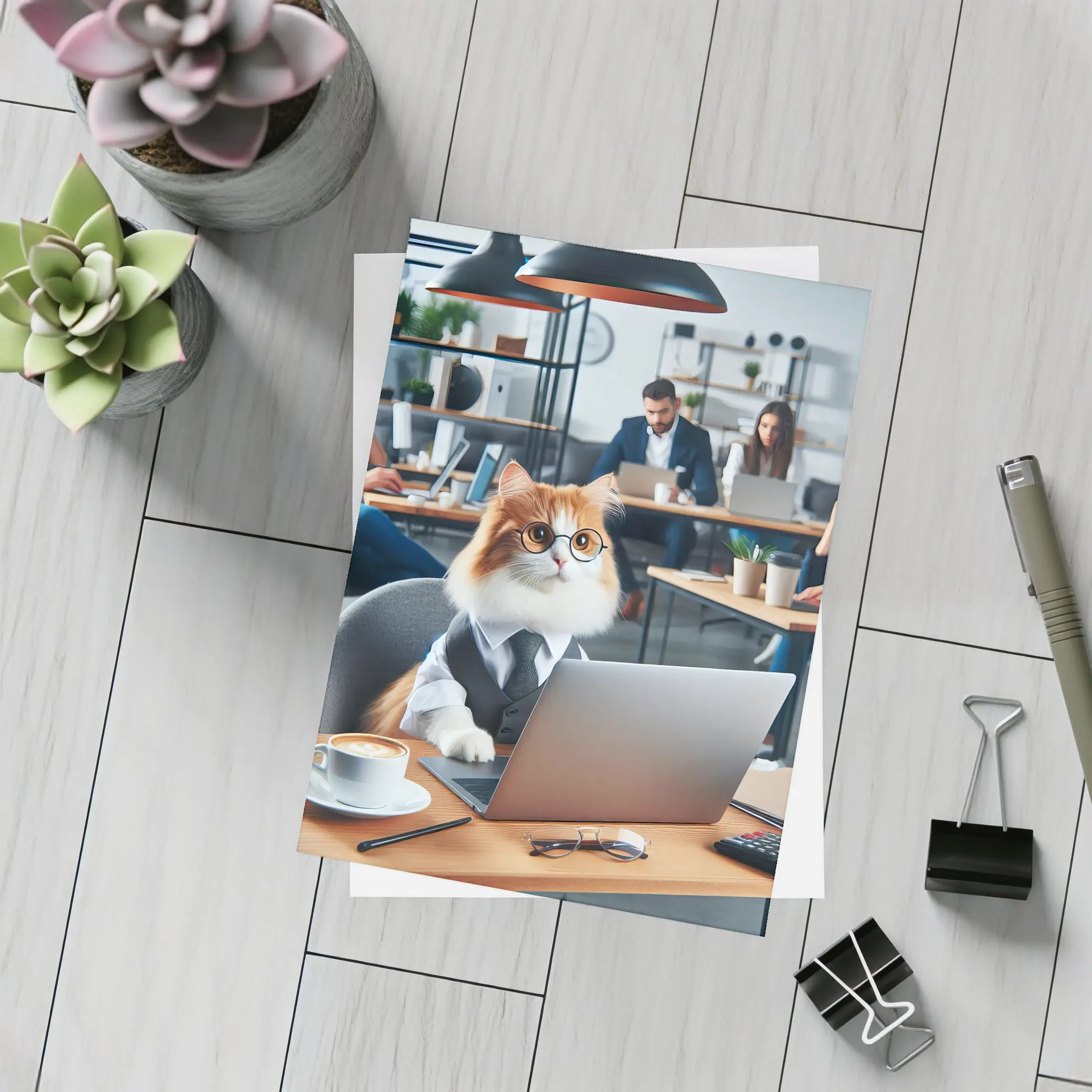 Office Cat Wearing Suit Working Laptop – Postcards