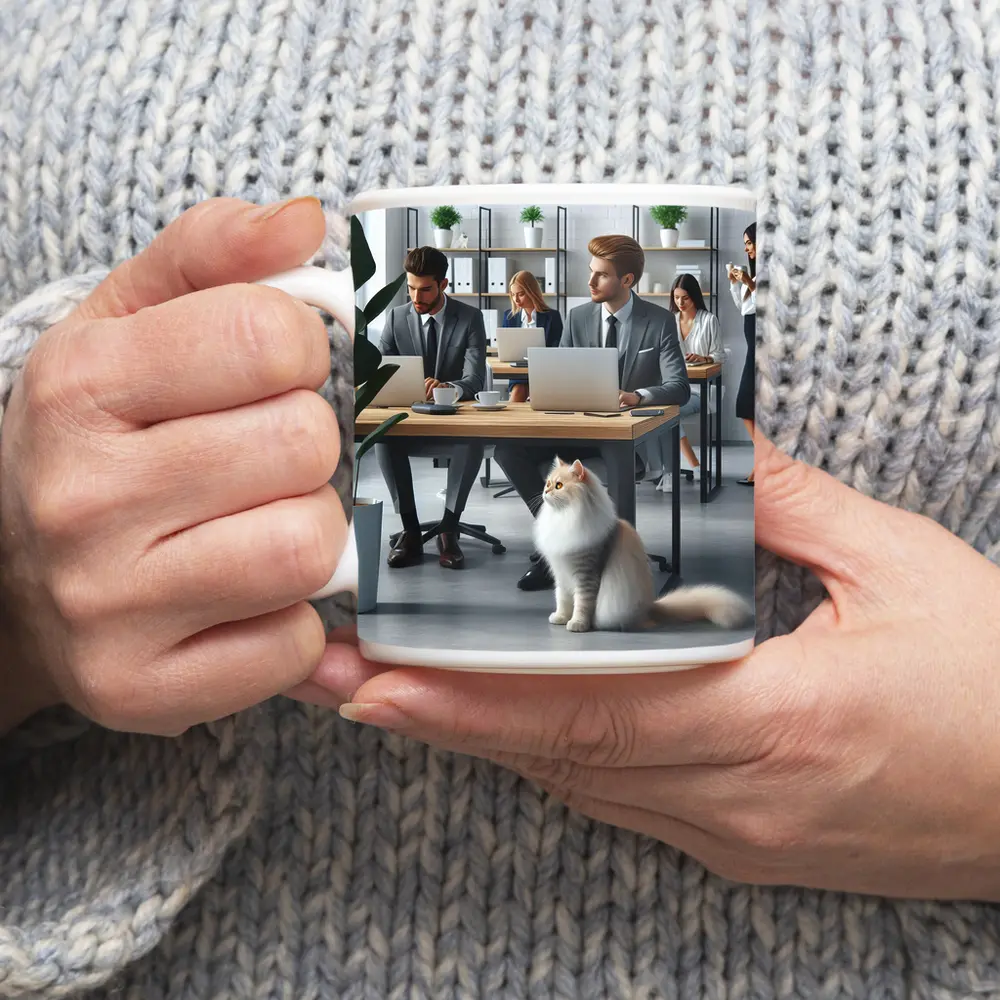 Persian Cat in Modern Office Workspace – Mugs