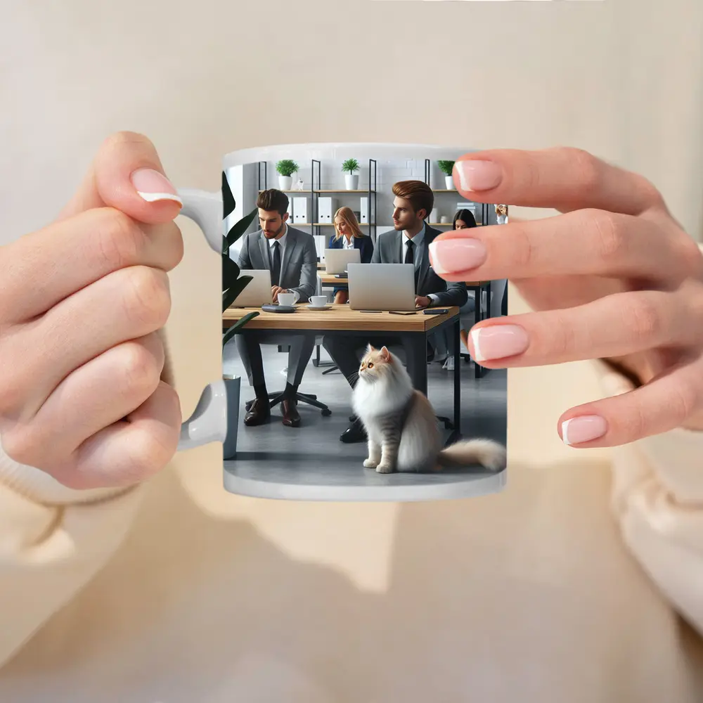Persian Cat in Modern Office Workspace – Mugs