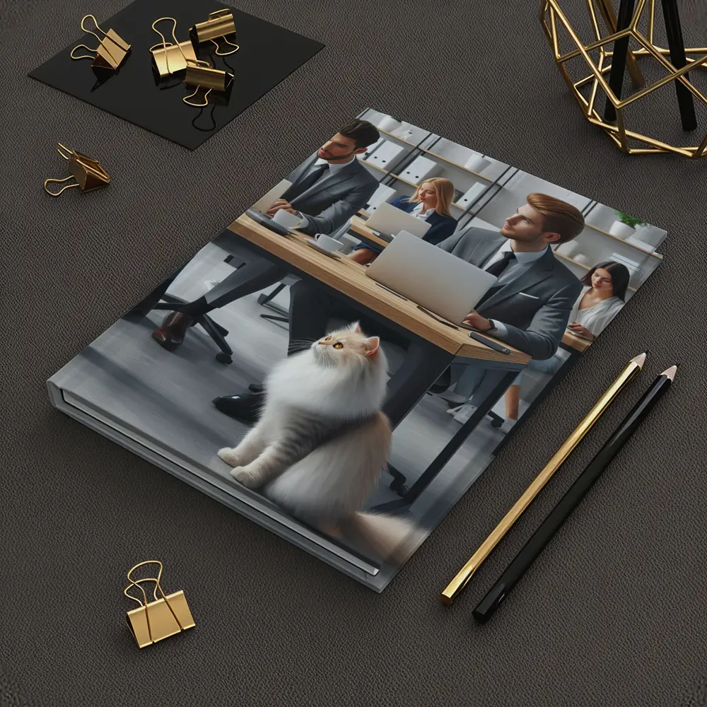 Persian Cat in Modern Office Workspace – Notebooks