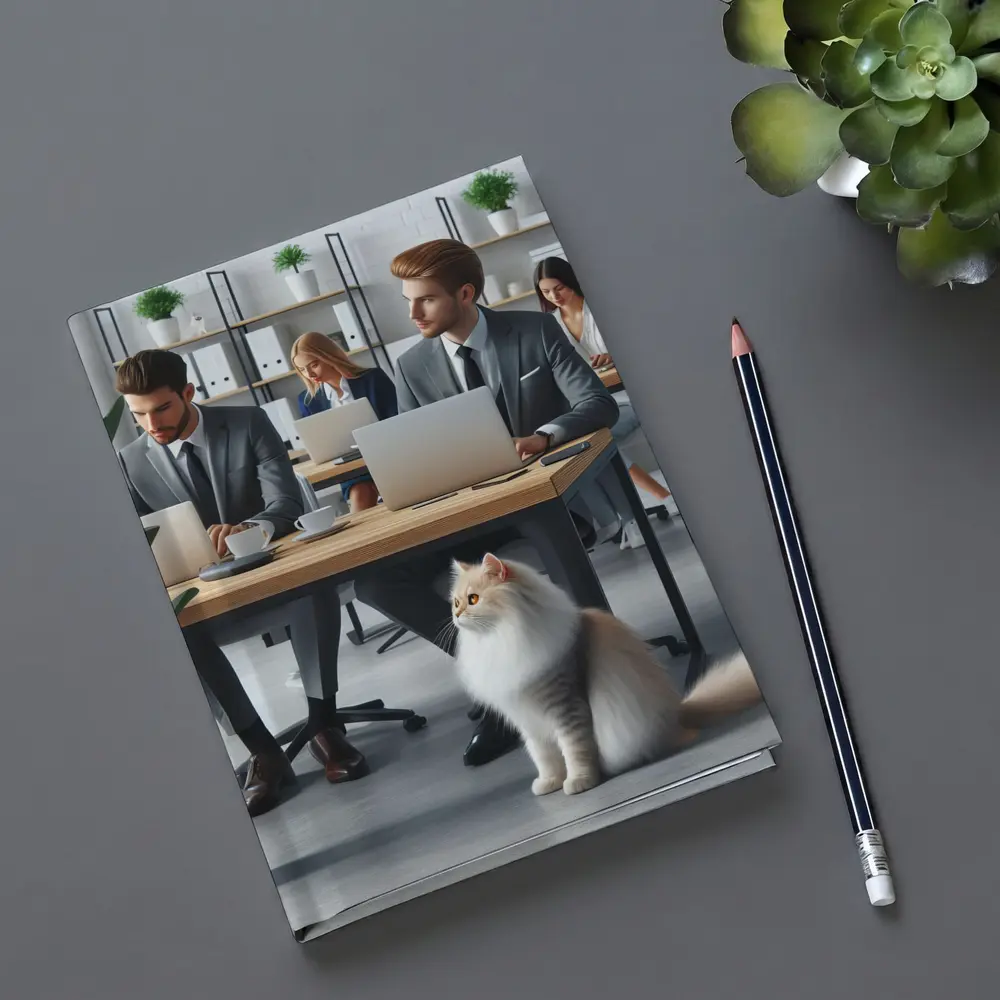 Persian Cat in Modern Office Workspace – Notebooks