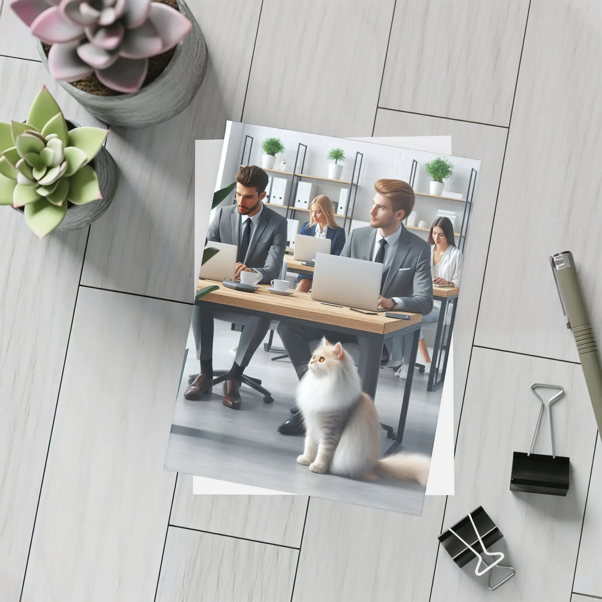 Persian Cat in Modern Office Workspace – Postcards