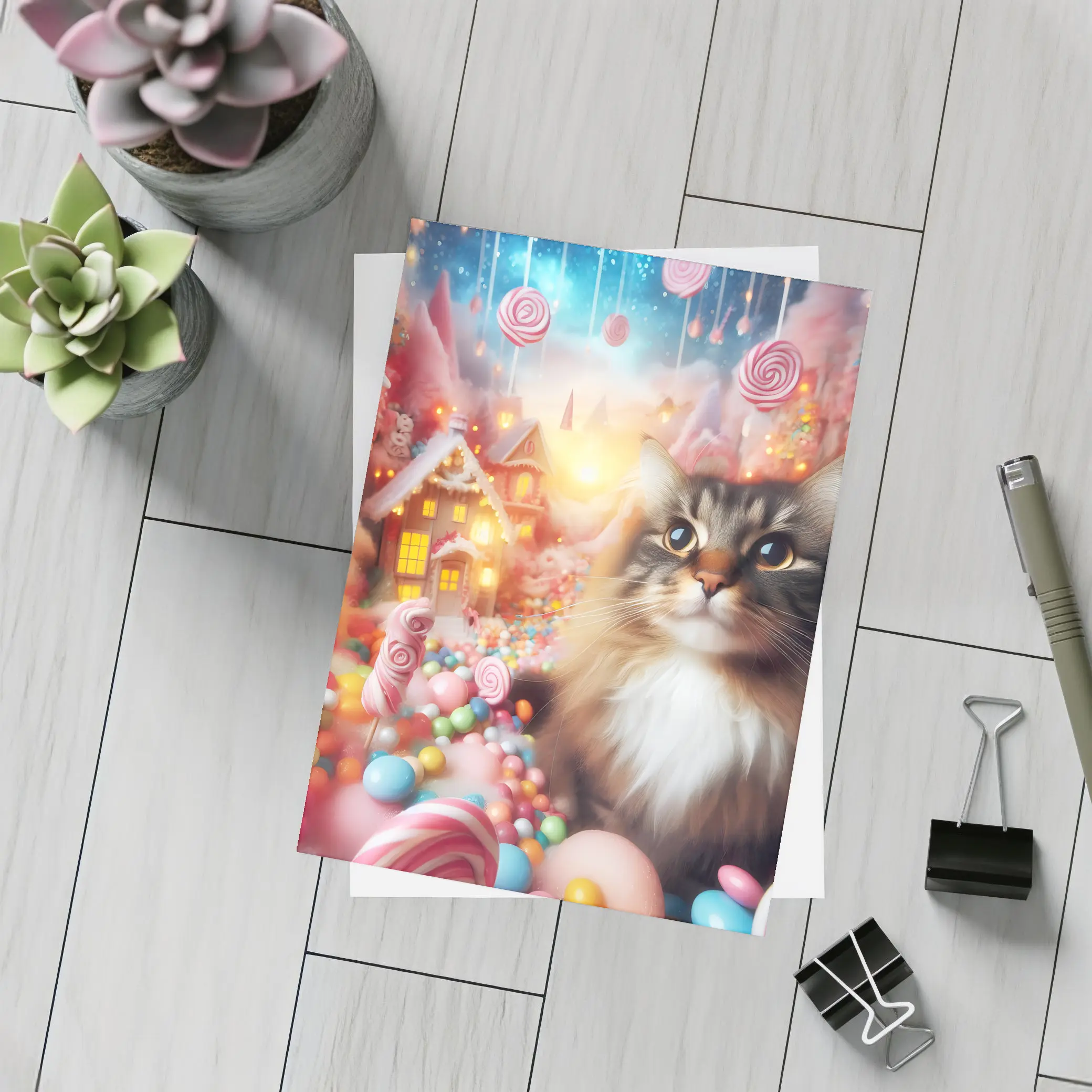 Fluffy Cat in Magical Candy Wonderland – Postcards